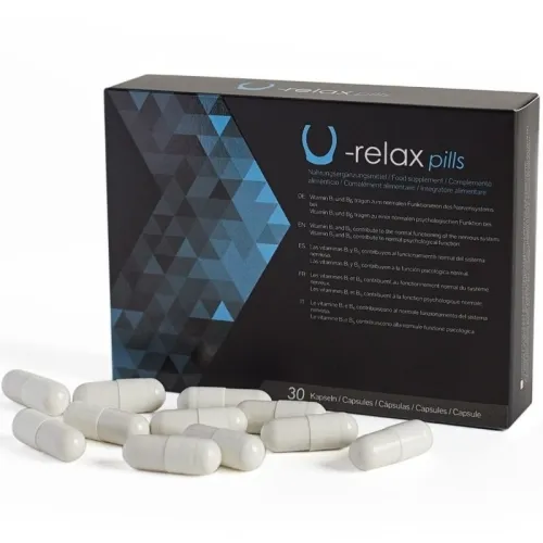 Black packaging of U-relax pills with white capsules in front, 30 pieces. Dietary supplement for the nervous system.
