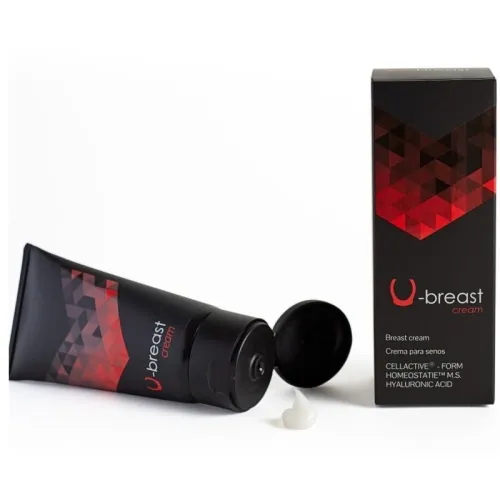 Schwarze Tube und Verpackung von U-breast Creme mit rotem Muster, etwas Creme daneben.