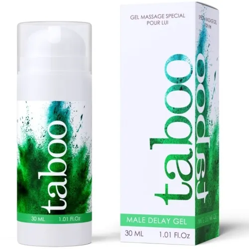 Weißer Spender und Verpackung mit grünem Design, Text: "taboo", "Male Delay Gel", 30 ml.