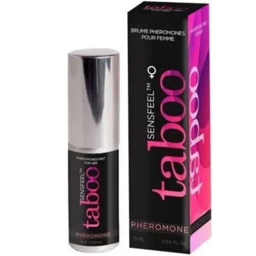 Schwarze Flasche und Verpackung von "Taboo Pheromone" für Frauen, 15 ml, mit pinkem Schriftzug.