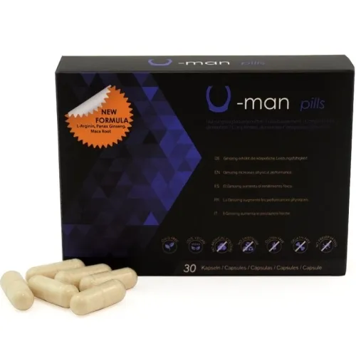 Black packaging from U-man Pills with blue patterns and capsules in front. Contains L-Arginine, Panax Ginseng, Maca Root.
