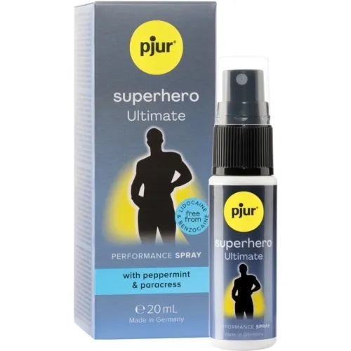 Pjur Superhero Ultimate Spray, 20 ml, mit Pfefferminz und Parakresse, Verpackung und Flasche abgebildet.