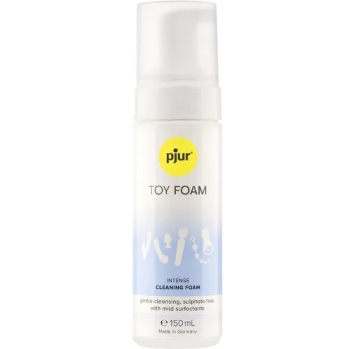 Flasche Pjur Toy Foam, 150 ml, zur sanften, sulfatfreien Reinigung mit milden Tensiden, hergestellt in Deutschland.