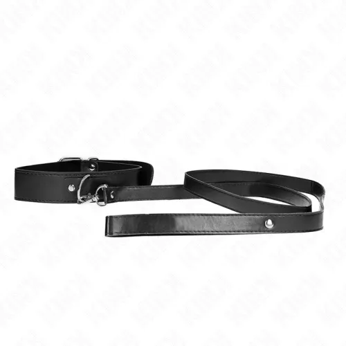 Black leather collar with leash on a white background.