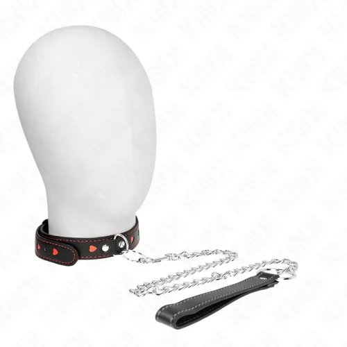 Mannequin with black collar and chain, red heart pattern, leather handle.