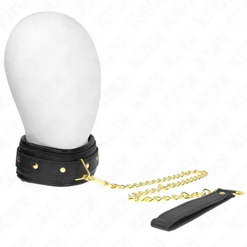 Black choker with gold chain and handle on a white background.