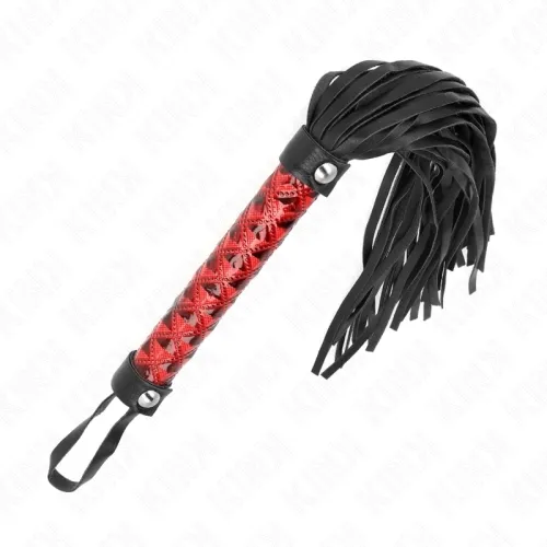 Red whip with black handle and fringe, on a white background.