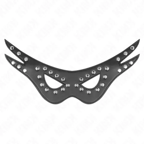Black eye mask with studs, curved design, on a white background.