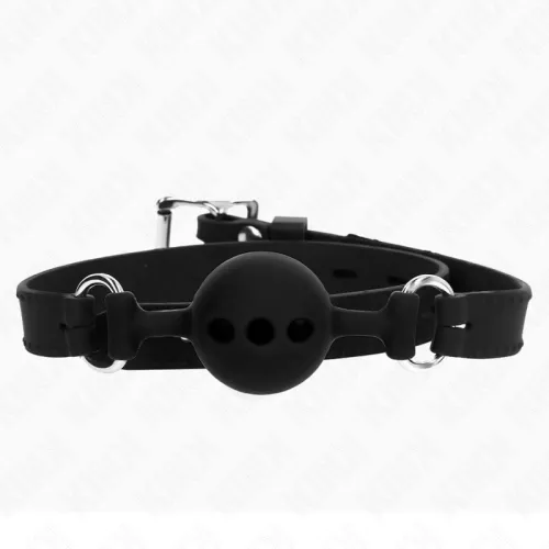 Black ball gag with adjustable strap and buckle, on a white background.