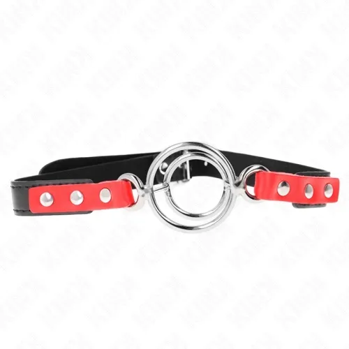 Black and red collar with a silver ring in the middle, on a white background.