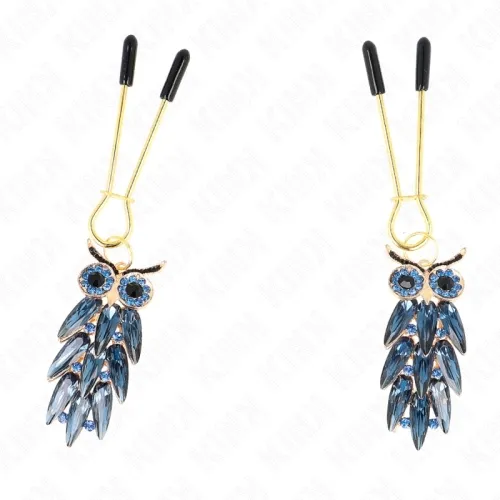 Two owl earrings with blue crystals and gold details, on gold hooks with black ends.