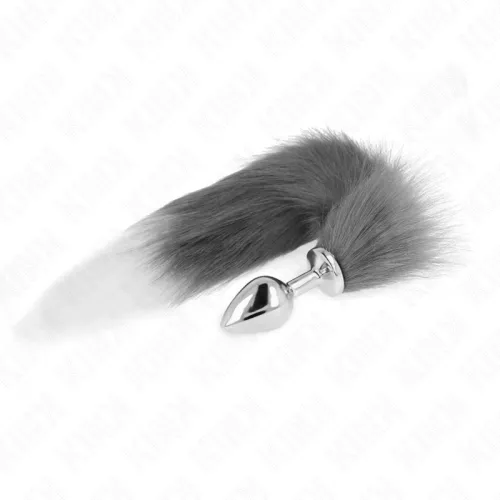 Metallic plug with grey, fluffy tail attachment on a white background.