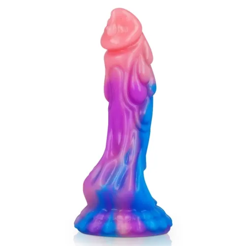 Colorful, sculptural object with flowing shapes in pink, purple and blue on a white background.