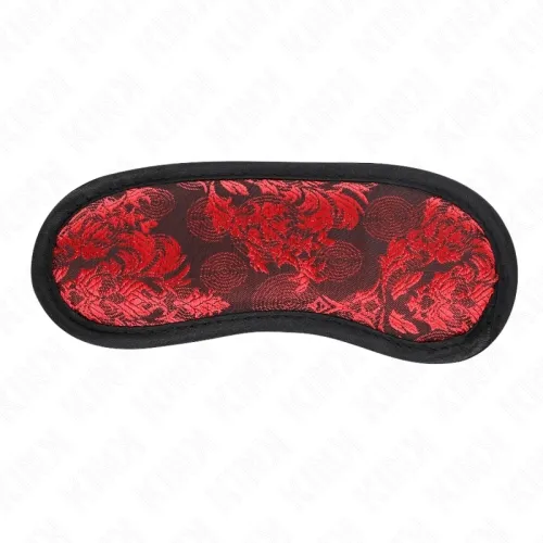 Rote Augenmaske mit schwarzem Rand und floralem Muster auf weißem Hintergrund.