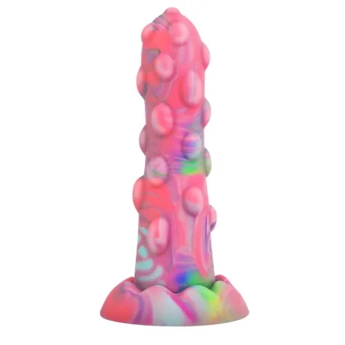 Bunter, strukturierter Silikon-Dildo mit Noppen und wellenförmiger Basis.