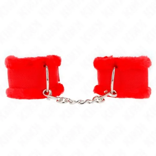 Rote Plüsch-Handschellen mit Kette, auf weißem Hintergrund.