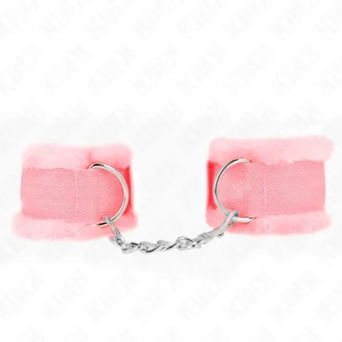 Pink plush handcuffs with metal chain on a white background.