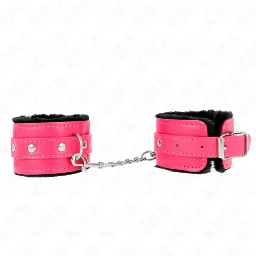 Pinkfarbene Handschellen mit schwarzem Innenfutter, verbunden durch eine silberne Kette.