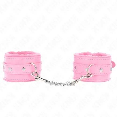Rosa Plüsch-Handschellen mit Kette, silberne Nieten und Verschlüsse.