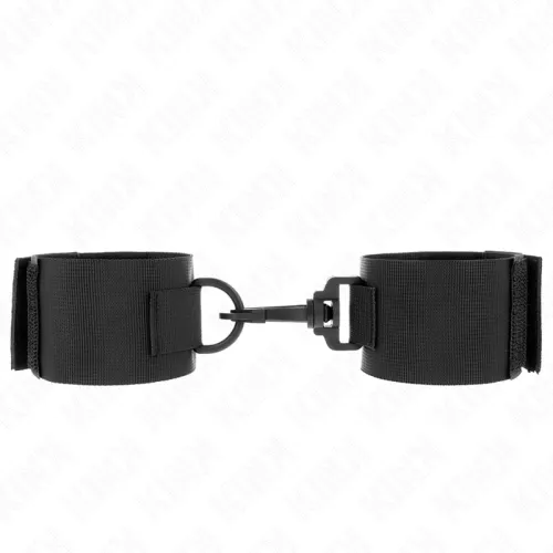 Black handcuffs with Velcro closure and connecting element in the middle, on a white background.