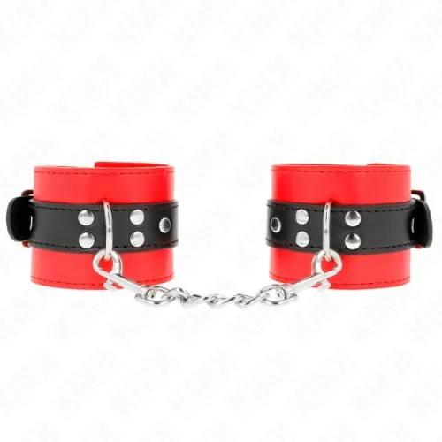 Red and black handcuffs with chain, on a white background.