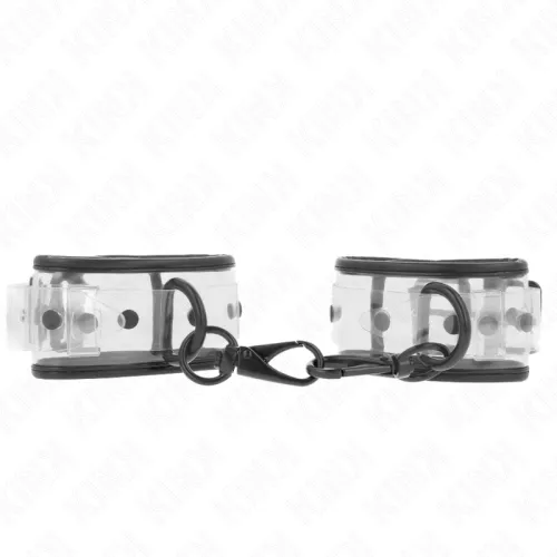 Transparent handcuffs with a black border and metal connection on a white background.