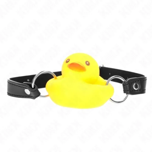 Yellow rubber duck used as a gag with black leather strap and metal rings.