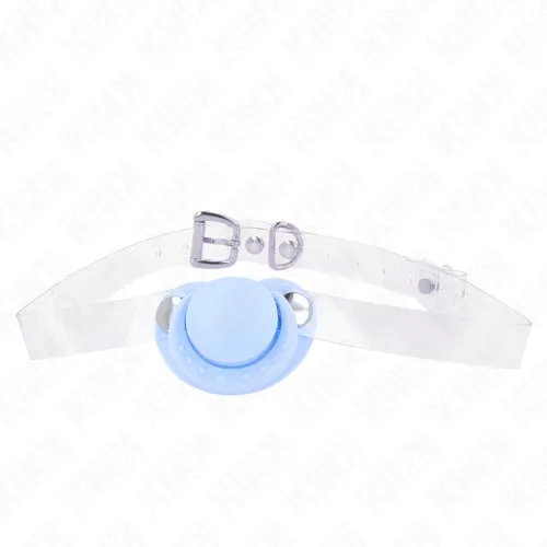 Blue pacifier with transparent strap and buckle on a white background.