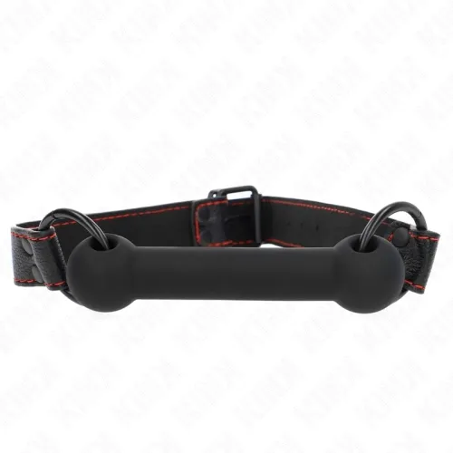 Black dog collar with red stitching and metal rings, on a white background.