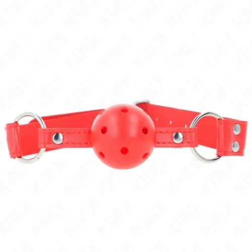 Red toggle with holes and adjustable strap, silver rings on the sides.