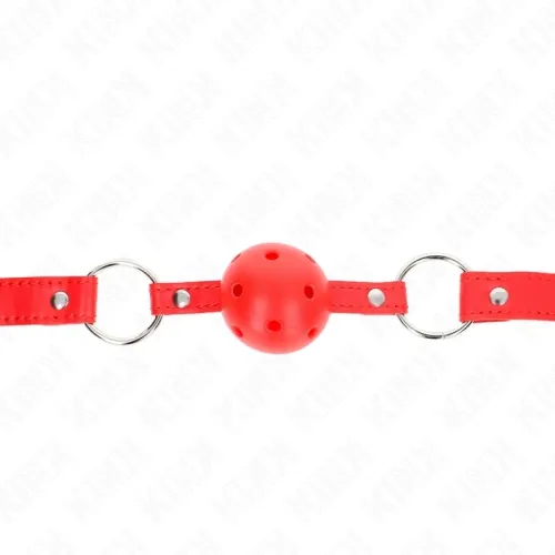 Roter Knebel mit Löchern und verstellbarem Riemen, verbunden durch Metallringe.