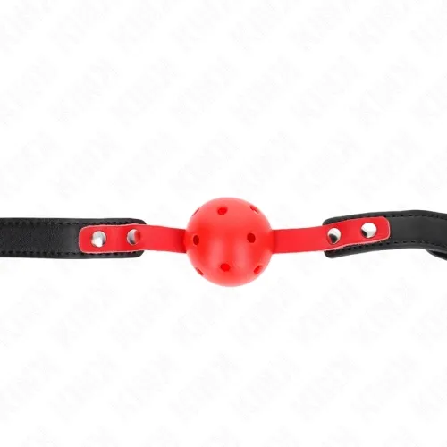 Red ball gag with black straps and silver rivets, on a white background.