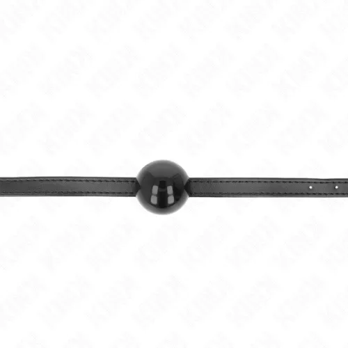 Black ball gag with adjustable strap on a white background.