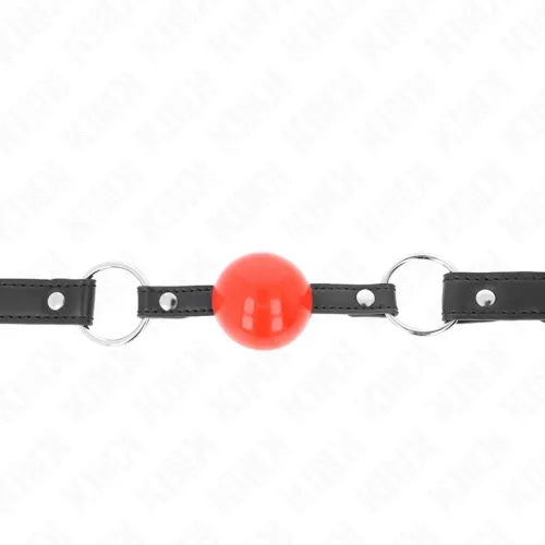 Black leather strap with a red ball in the middle, silver rings on the sides.