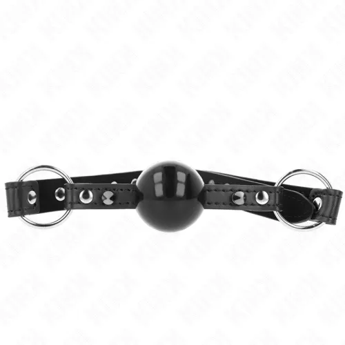 Black ball gag with adjustable leather strap and metal rings, on a white background.