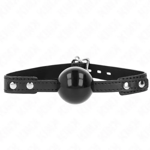 Black ball gag with adjustable leather strap and silver studs on a white background.