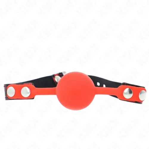 Red ball gag with black strap and silver studs on a white background.