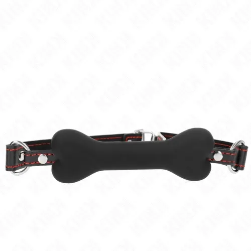 Schwarzer Knochen-Knebel mit roter Naht und Schnallen.