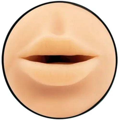 Nahaufnahme eines runden Objekts mit einer Öffnung, die wie menschliche Lippen geformt ist.