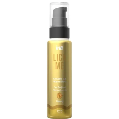 Golden bottle with the inscription "Lick Me" and "Kissable Gel Warm Effect", 50 ml, honey flavor.