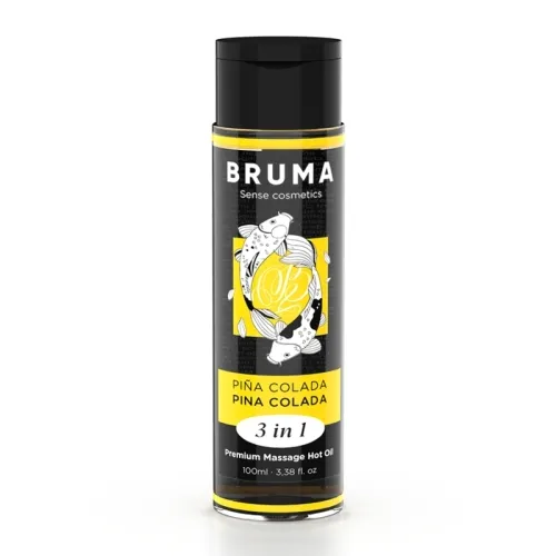 Flasche Bruma 3-in-1 Massageöl, Piña Colada Duft, 100 ml, schwarzes Design mit gelben Akzenten.