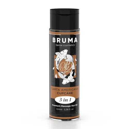 Bottle of Bruma Sense Cosmetics, Tarta Americana Cupcake, 3 in 1 Premium Massage Oil, 100ml.
