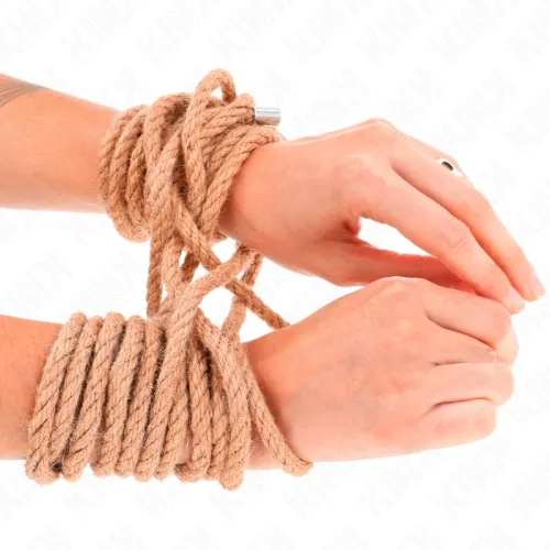 Hands tied with rope, close-up, white background.