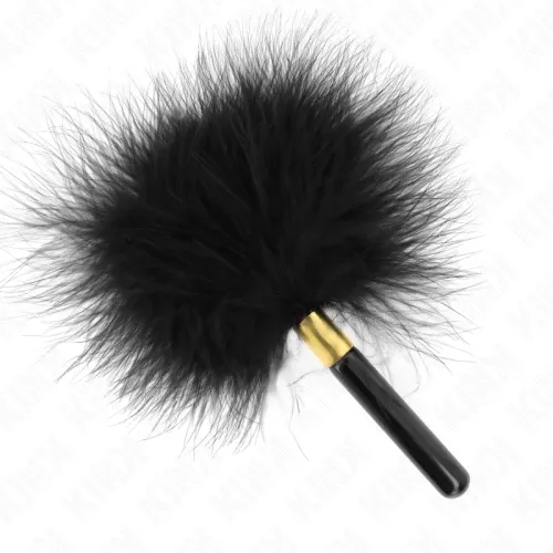 Black feather duster with fluffy feathers and a black handle with a golden ferrule.