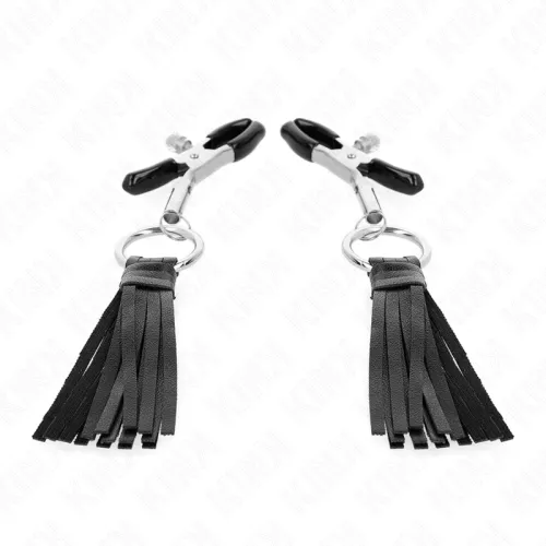 Two black tassels with metal clips on a white background.