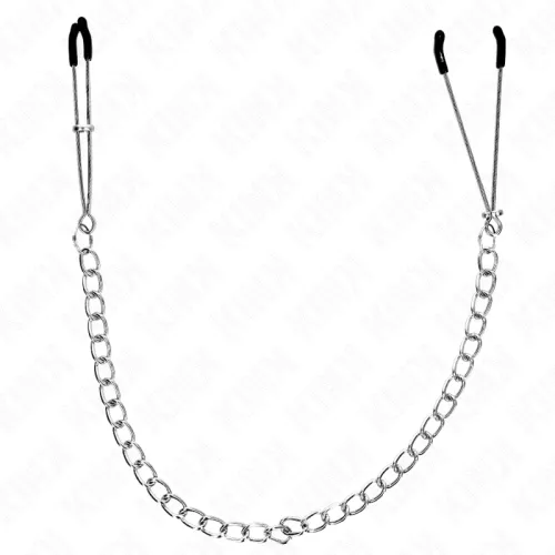 Silver chain with two clamps at the ends, on a white background.