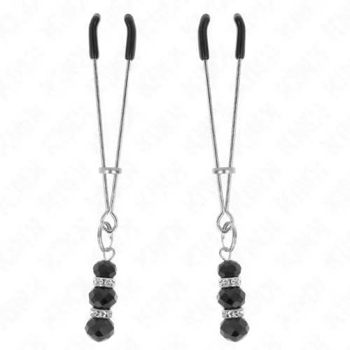 Two silver nipple clamps with black beads and rubber grips on a white background.