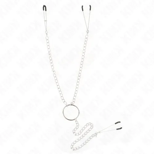 Silberne Kette mit zwei Klammern und einem Ring in der Mitte, auf weißem Hintergrund.
