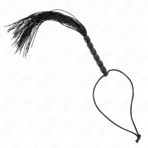 Black whip with beads and loop, on a white background.