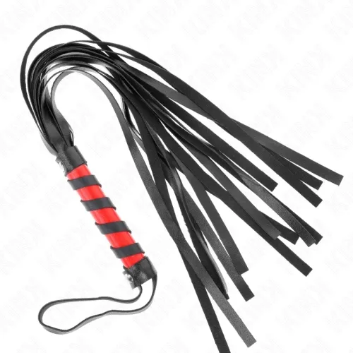 Black whip with red handle and several straps, on a white background.